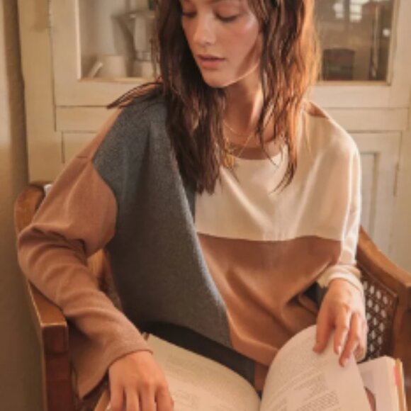 Sweaters - Oversize Colorblock Knit Sweater Neutral Tones Fall Winter Pullover Top